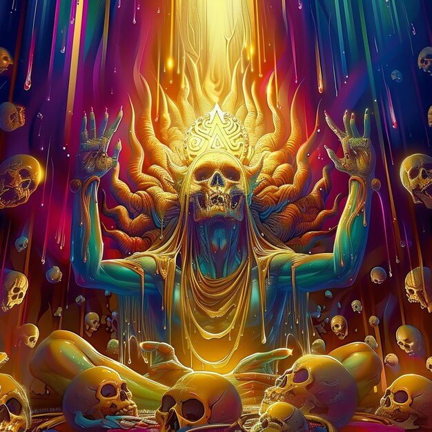 a close up of a painting of a person surrounded by skulls generative ai