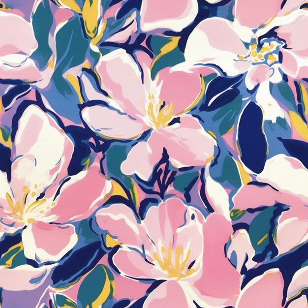 a close up of a painting of pink flowers on a blue background generative ai