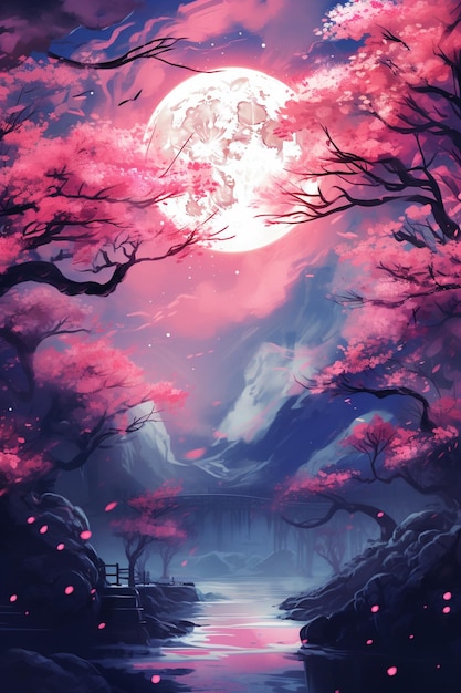 강 생성 ai 위에 분홍색 달 그림의 클로즈업