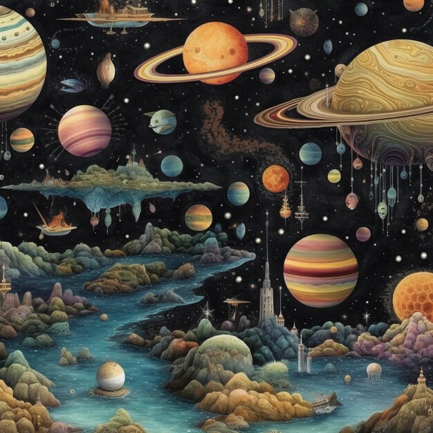 a close up of a painting of planets and other planets generative ai