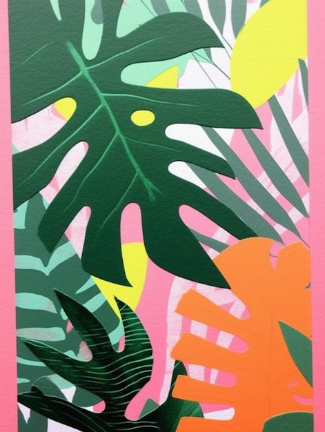 a close up of a painting of a plant with a pink background generative ai