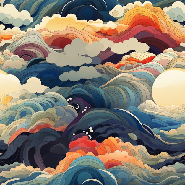 A close up of a painting of a sky with clouds and a sun generative ai