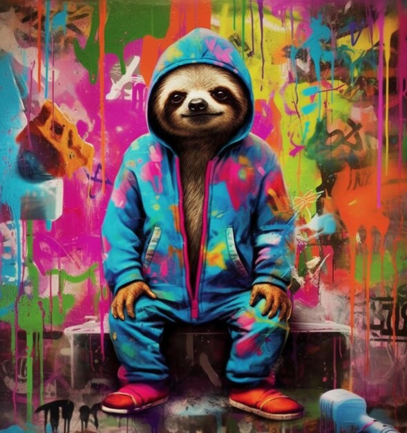 A close up of a painting of a slotty slotty bear wearing a hoodie generative ai