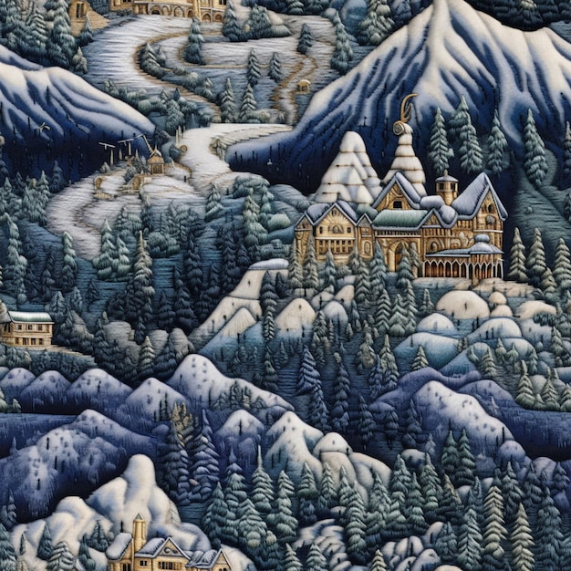 a close up of a painting of a snowy mountain village generative ai