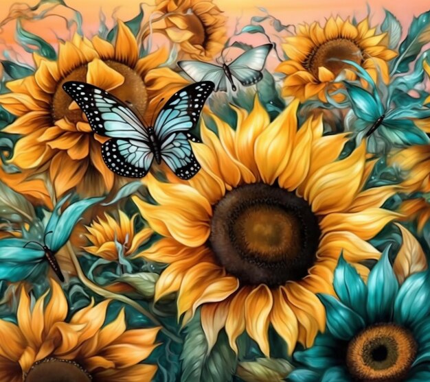 A close up of a painting of sunflowers and butterflies generative ai