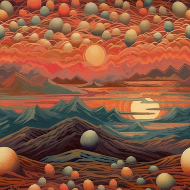 a close up of a painting of a sunset with many balls generative ai