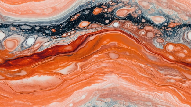 A close up of a painting of a swirl with orange and black paint.
