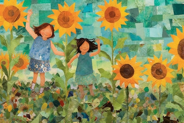 A close up of a painting of two children in a field of sunflowers generative ai