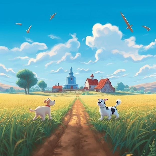 A close up of a painting of two dogs in a field generative ai