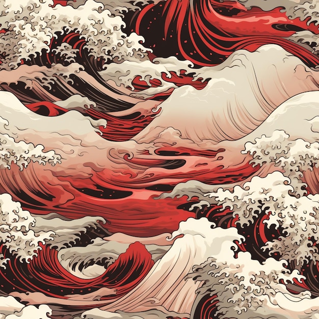 a close up of a painting of a wave with a red sky generative ai