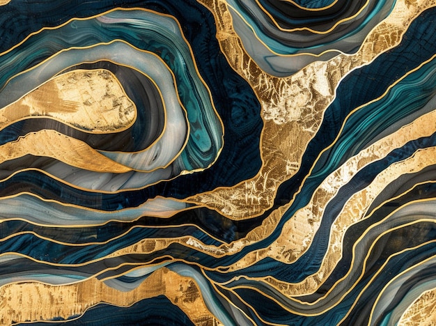 Photo a close up of a painting of a wavy surface with gold and blue generative ai