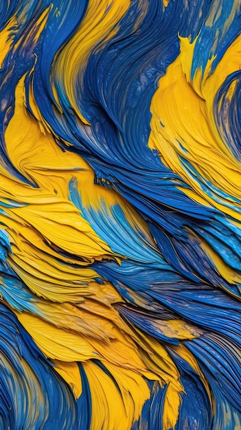 A close up of a painting with blue and yellow paint.