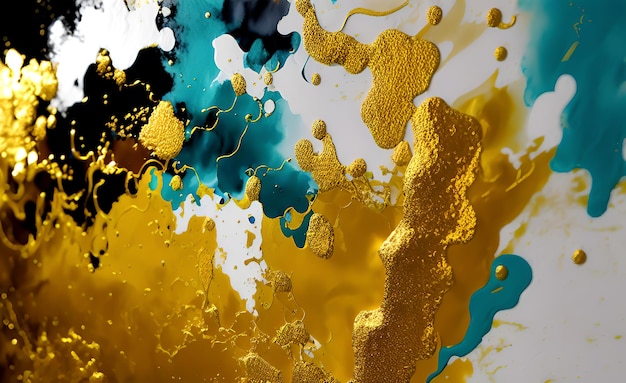 A close up of a painting with gold, blue, and green colors.