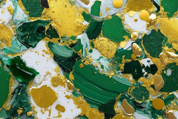 金と緑のペイントが施された絵画の接写。