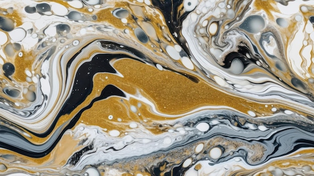 A close up of a painting with gold, white, and black swirls.