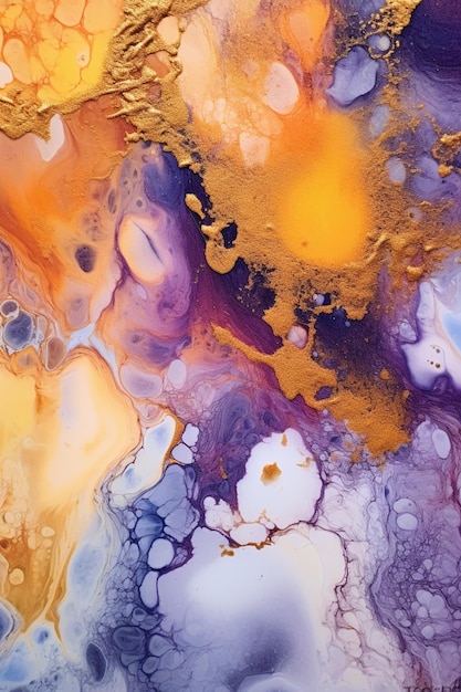 A close up of a painting of a yellow and purple substance generative ai