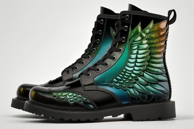 Close up of pair black boots with green wings generative ai