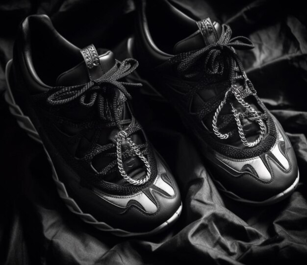 A close up of a pair of black sneakers with a chain on them generative ai