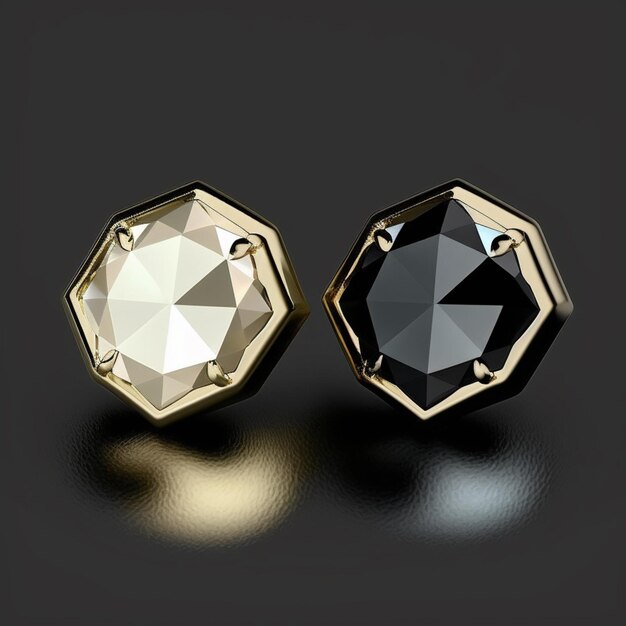 a close up of a pair of black and white diamond stud earrings generative ai