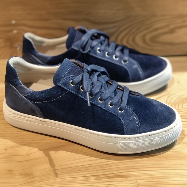 Photo a close up of a pair of blue sneakers on a wooden floor generative ai