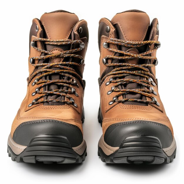 a close up of a pair of brown hiking boots on a white surface generative ai