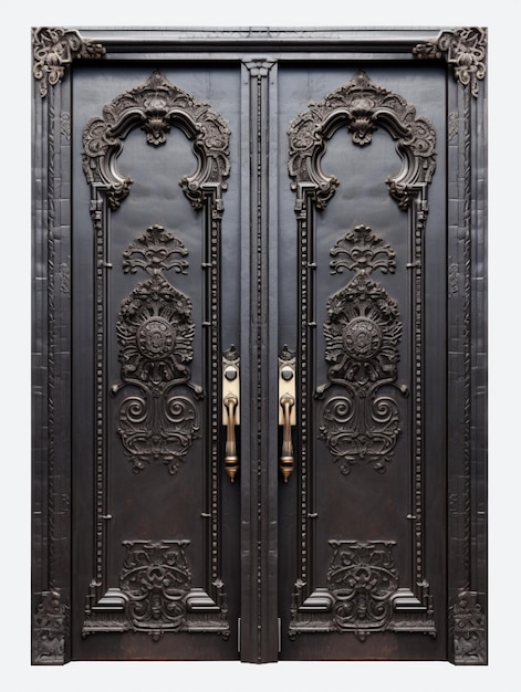a close up of a pair of ornate doors with a gold handle generative ai
