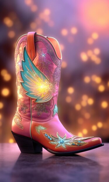 A close up of a pair of pink boots with a wing on them generative ai