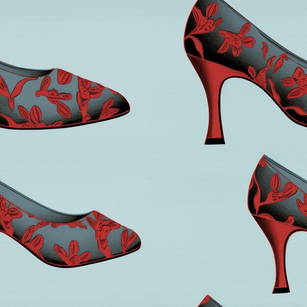a close up of a pair of red shoes with black and red flowers generative ai