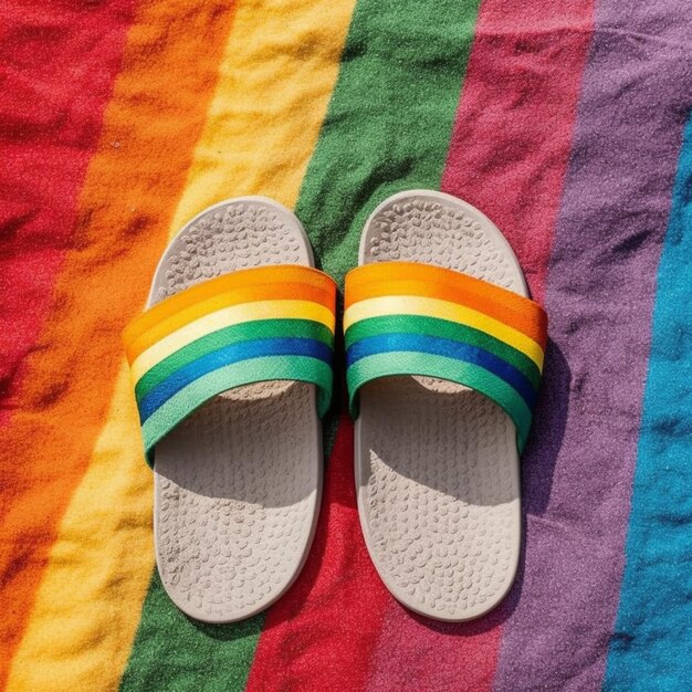 A close up of a pair of sandals on a colorful towel generative ai