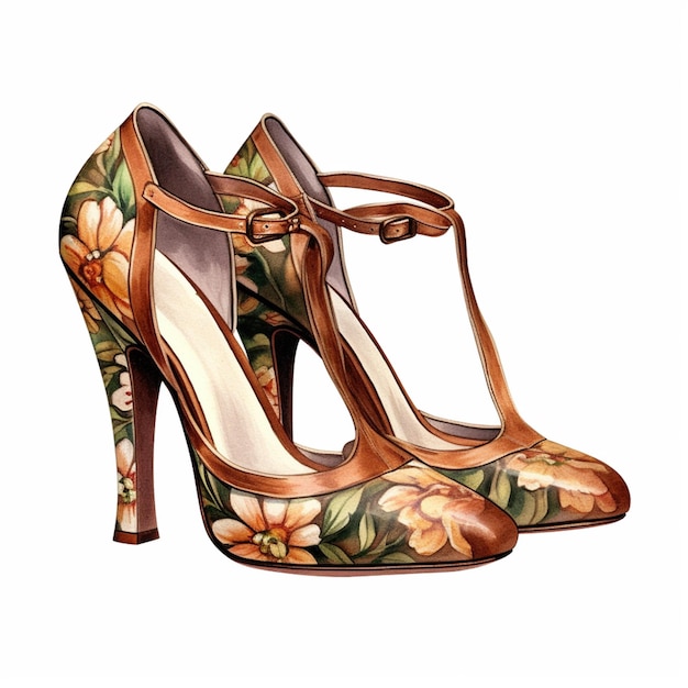 A close up of a pair of shoes with floral designs generative ai