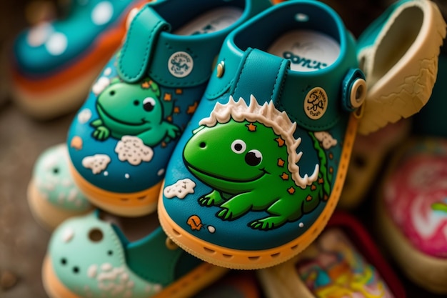 Close up of pair shoes with green dinosaur on it generative ai