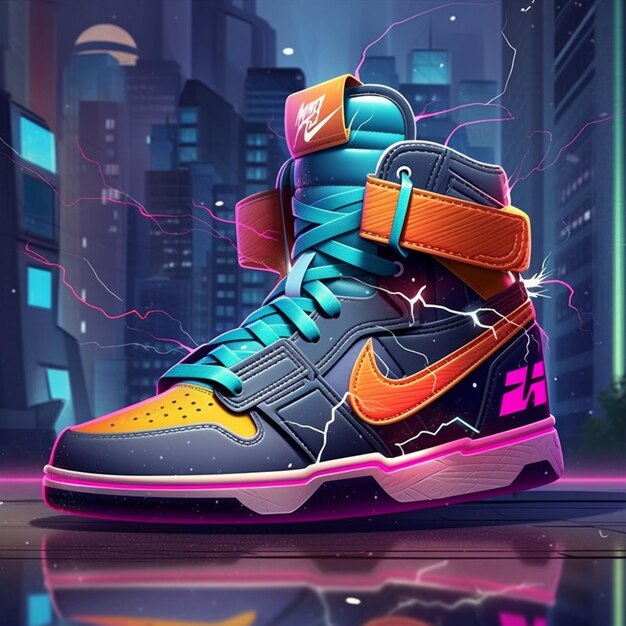 a close up of a pair of sneakers with a city background generative ai