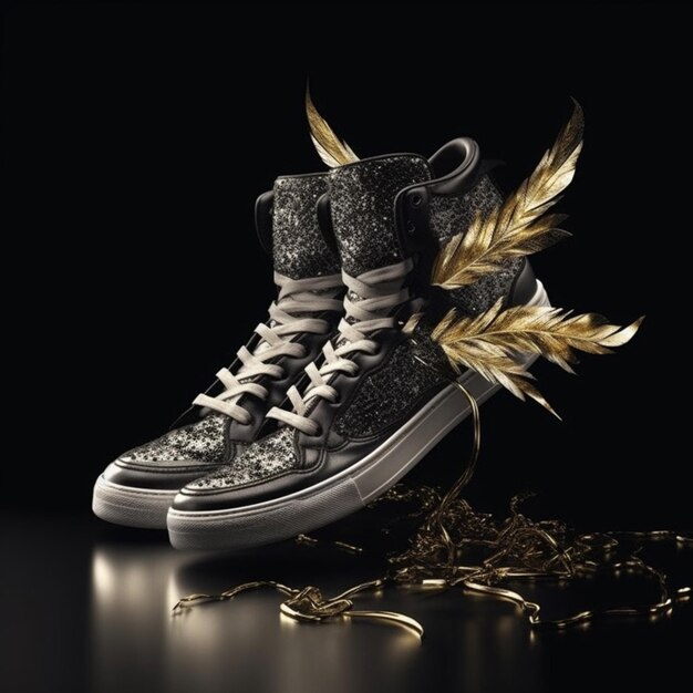 a close up of a pair of sneakers with gold feathers on them generative ai