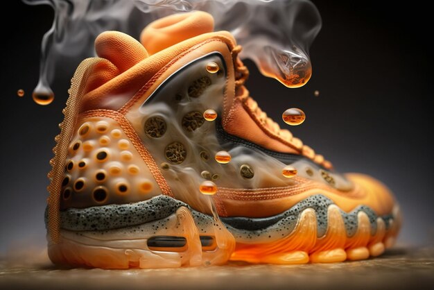 Foto un primo piano di un paio di scarpe da ginnastica con il fumo che esce da loro ai generativo