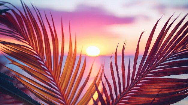 Close up of palm leaves with sunset sea in soft tones Beautiful nature background