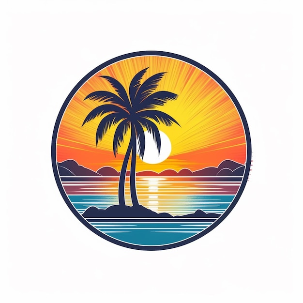 a close up of a palm tree on a beach with a sunset in the background generative ai