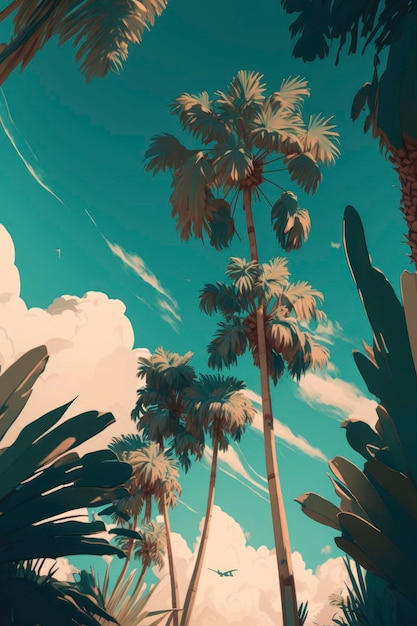 a close up of palm trees in a blue sky in the style of cloudcore karencore green and brown lush