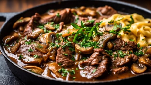 Photo close up of a pan of beef stroganoff