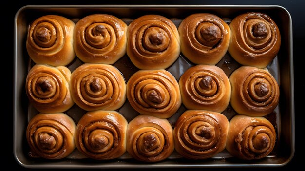 a close up of a pan of cinnamon rolls with chocolate icing Generative AI