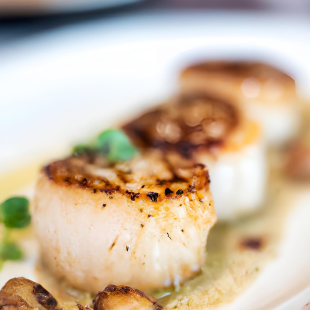 Photo close up of pan seared sea scallops