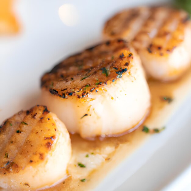 Photo close up of pan seared sea scallops