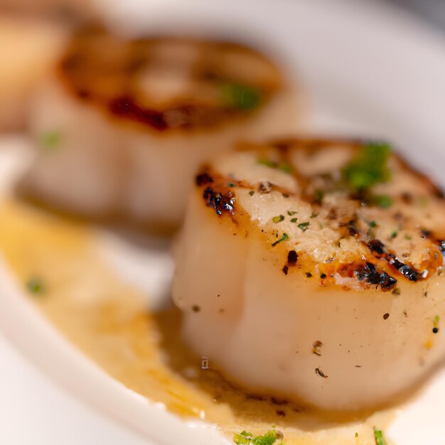 Photo close up of pan seared sea scallops