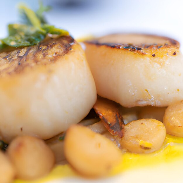 Photo close up of pan seared sea scallops