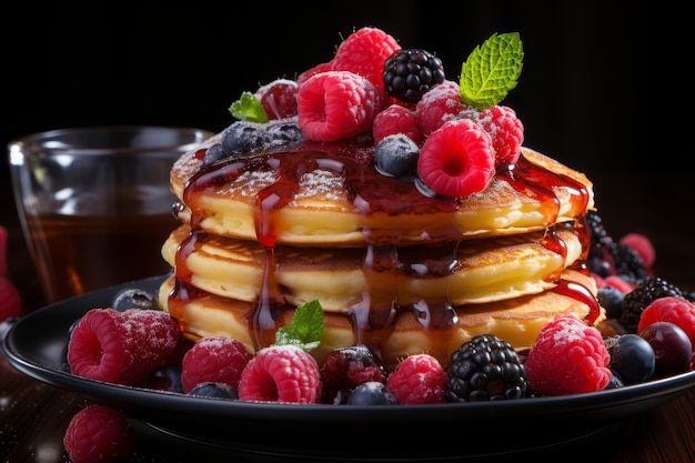 Close up of pancake topped with vibrant raspberry jam in contemporary kitchen ambiance