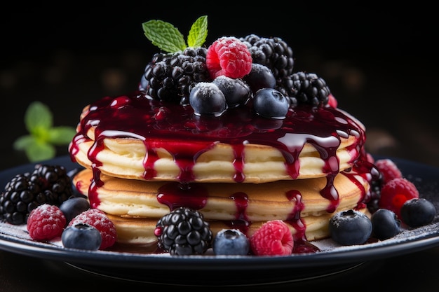 Close up of pancake with raspberry jam on plate sleek modern kitchen interior background