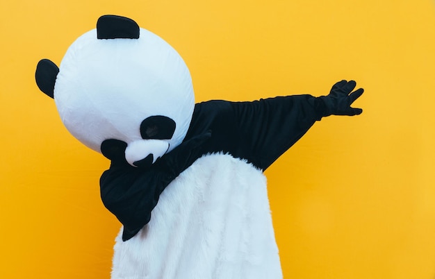 Close-up of panda gesturing against yellow background