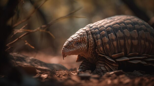 A close up of a pangolin on a dirt ground