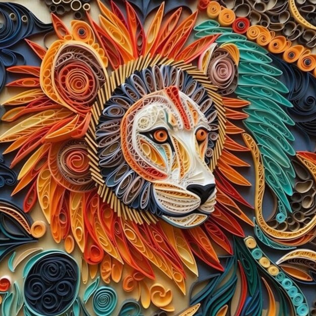 A close up of a paper art of a lion with feathers generative ai