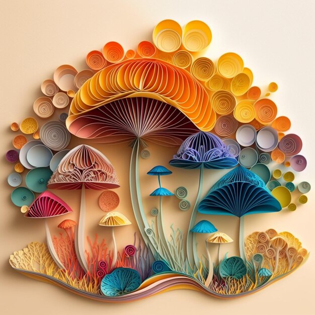 A close up of a paper art of a mushroom and other mushrooms generative ai