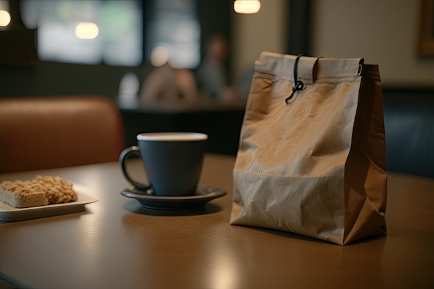 A close up of a paper bag and a cup of coffee on a table in an office